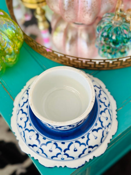 Vintage Footed Dish, Chinoiserie, Blue and White