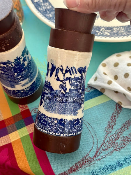 Blue Willow Salt and Pepper Shakers Porcelain and Wood