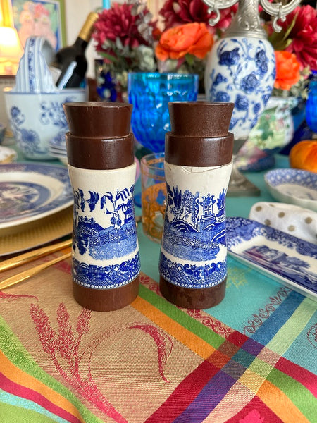 Blue Willow Salt and Pepper Shakers Porcelain and Wood