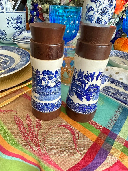 Blue Willow Salt and Pepper Shakers Porcelain and Wood