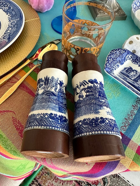 Blue Willow Salt and Pepper Shakers Porcelain and Wood