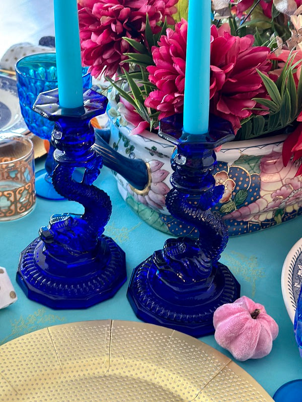 Vintage Candle Holders, Koi Fish - Cobalt Blue Colored Glass