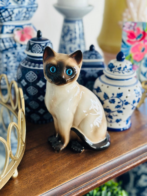 Siamese Cat Figurine with Glass Eyes - Enesco, Japan