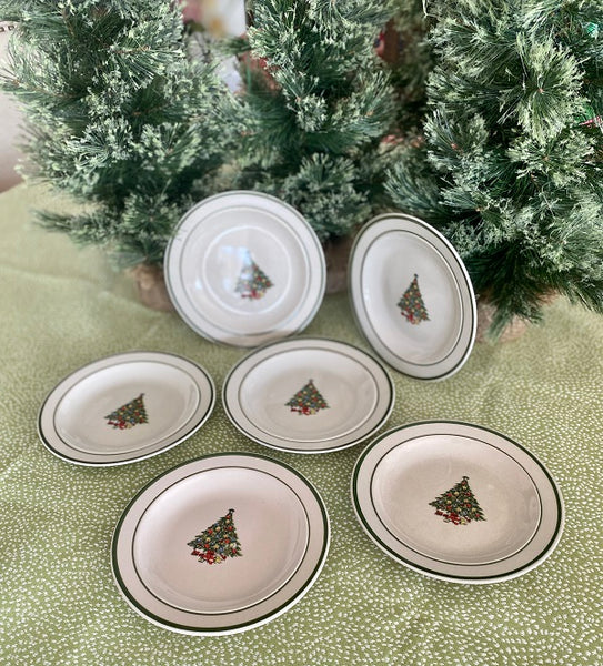 Vintage Stoneware Christmas Dessert Plates, Set of 6