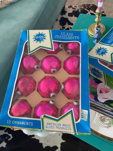 Vintage Christmas Ornaments,  Coby,  Hot Pink Glass, in Original Box
