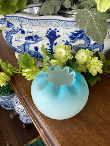 Vintage Rose Bowl Vase, Blue Satin Glass, Ruffled Edge
