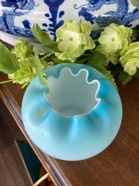 Vintage Rose Bowl Vase, Blue Satin Glass, Ruffled Edge