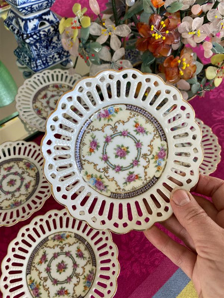 Set of 6 Antique Dresden pierced , reticulated Porcelain Plates