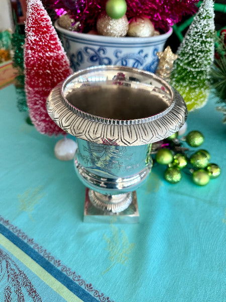 Vintage Silverplate Urn, Vase, Pedestal Base, Bow Motif