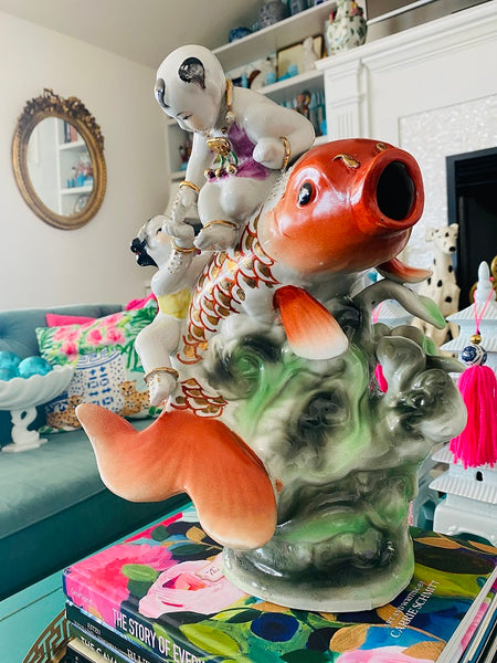 Vintage Sculpture Asian Tong Zi Lucky Children with Koi Fish