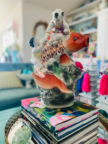Vintage Sculpture Asian Tong Zi Lucky Children with Koi Fish