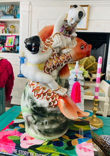 Vintage Sculpture Asian Tong Zi Lucky Children with Koi Fish