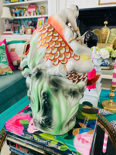 Vintage Sculpture Asian Tong Zi Lucky Children with Koi Fish
