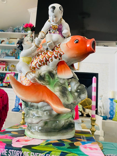 Vintage Sculpture Asian Tong Zi Lucky Children with Koi Fish