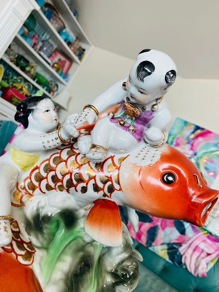 Vintage Sculpture Asian Tong Zi Lucky Children with Koi Fish