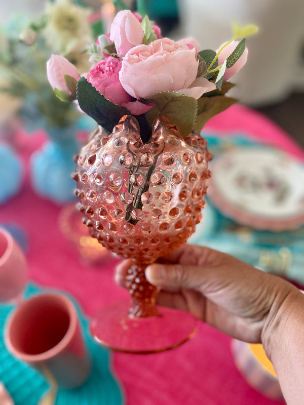 Vintage Vase Rose Bowl, pink Hobnail Glass , Duncan Miller