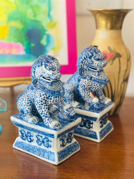 Pair of Blue and White Foo Dogs (Reproduction)