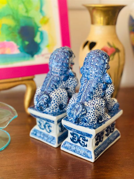 Pair of Blue and White Foo Dogs (Reproduction)