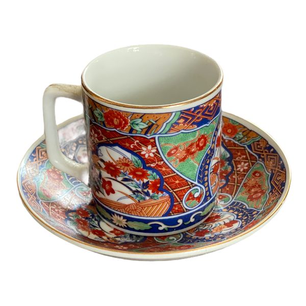 Vintage Imari Japanese Rust, Navy, Green Teacup and saucer