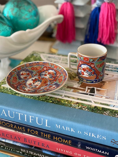 Vintage Imari Japanese Rust, Navy, Green Teacup and saucer