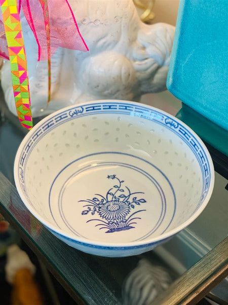 Vintage Blue and White Jingdozhen Sunflower & Rice Serving Bowl