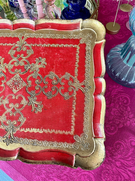 Vintage Florentine Tray, Italian, Red and Gold