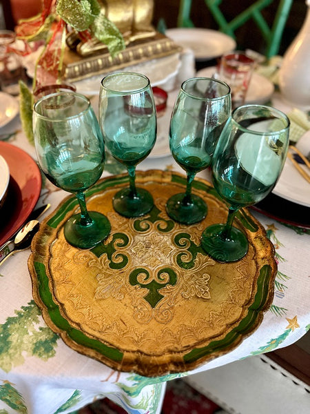 Vintage Florentine Tray, Italian, Green, Gold, White, Round