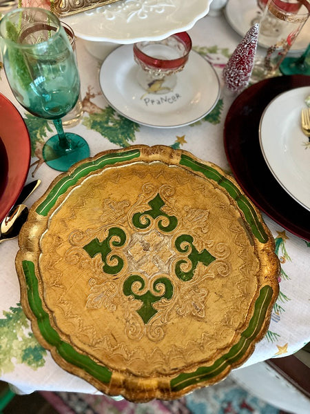 Vintage Florentine Tray, Italian, Green, Gold, White, Round