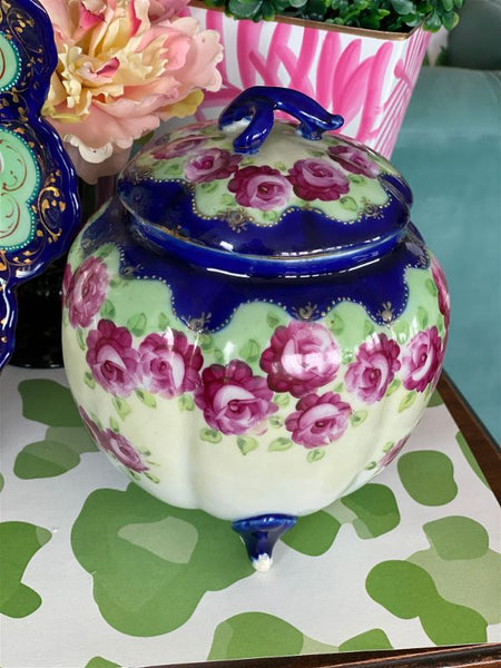 Antique Nippon Jar, Lidded Blue, White, Pink and Green Floral Potpourri Bowl