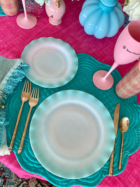 Vintage Milk Glass Plates Blue Ruffle Edge Set of 3 Dinner Plates, Set of 6 Salad Plates