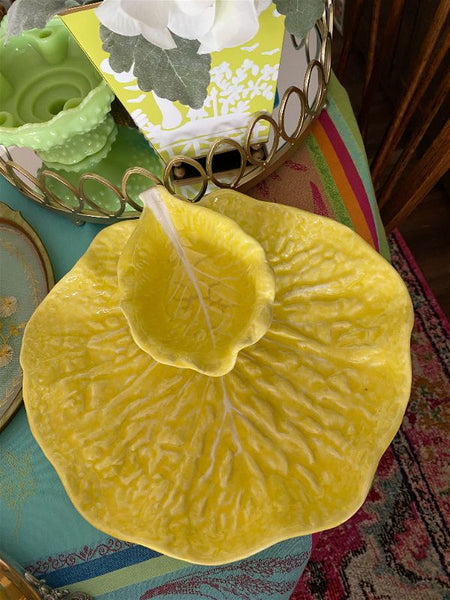 Yellow Bordallo Cabbage Leaf Platter with Attached Dip Bowl, Portugal