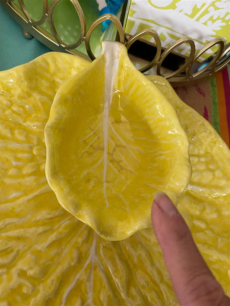 Yellow Bordallo Cabbage Leaf Platter with Attached Dip Bowl, Portugal