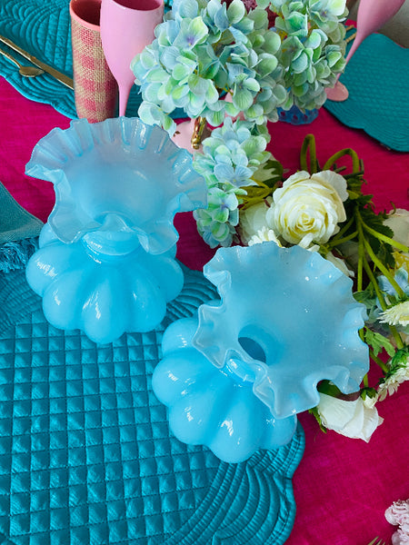 Vintage Vase Melon Shape Blue Glass Ruffle Edge 2 available