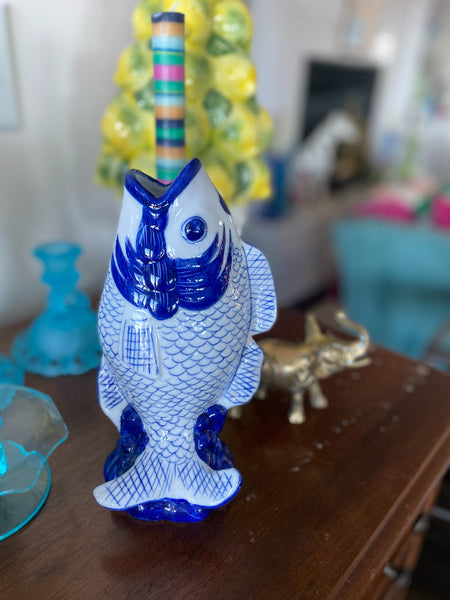 Vintage Fish Vase, Blue & White Chinoiserie