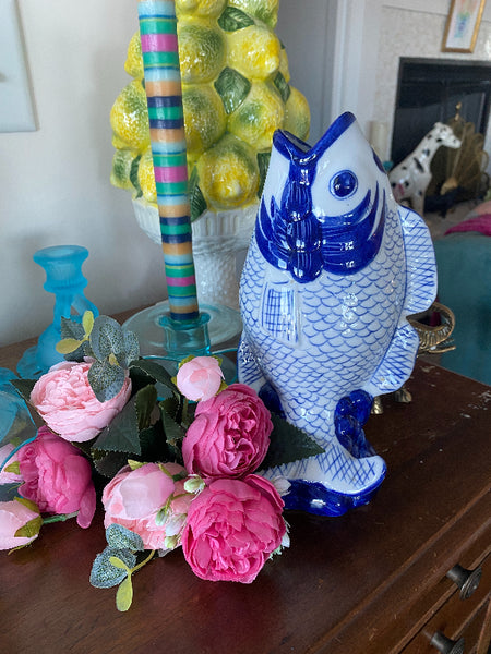 Vintage Fish Vase, Blue & White Chinoiserie