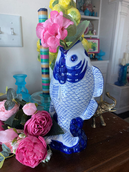 Vintage Fish Vase, Blue & White Chinoiserie