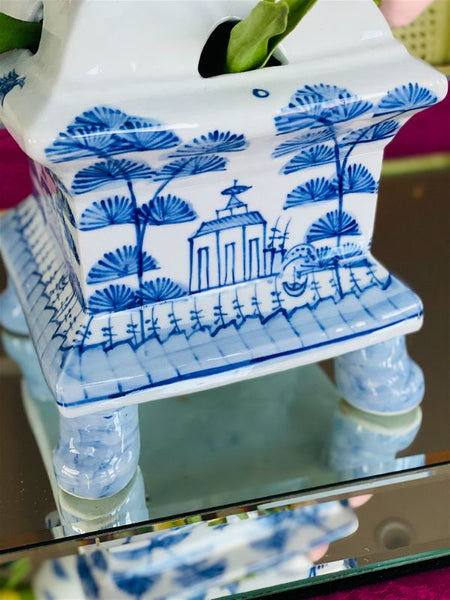 Tulipiere, Large Blue and White, Ceramic with Pagoda Accent, Chinoiserie
