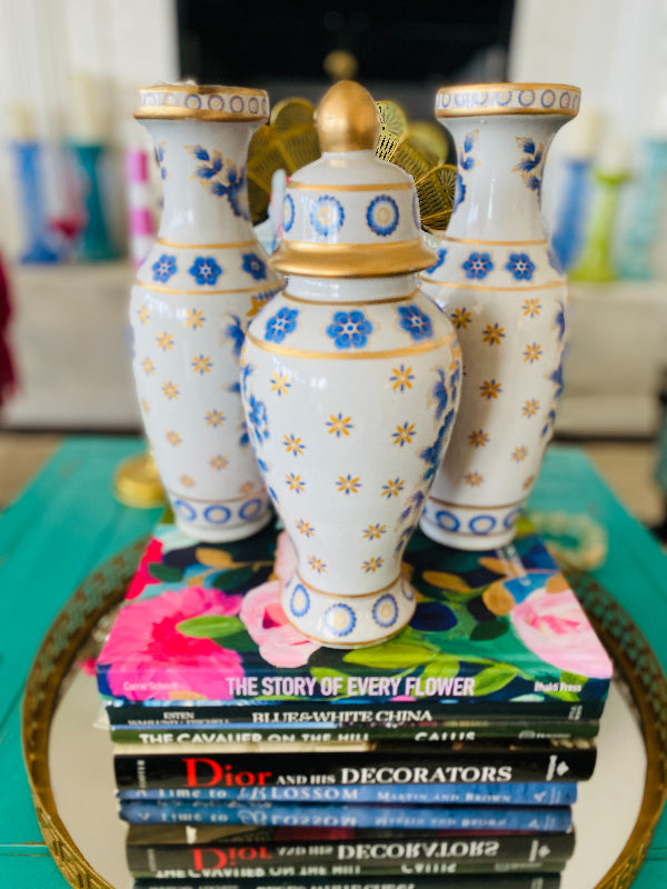 Vintage Vases and Ginger Jar, Ceramic Blue, White, Gold Each Sold Separately