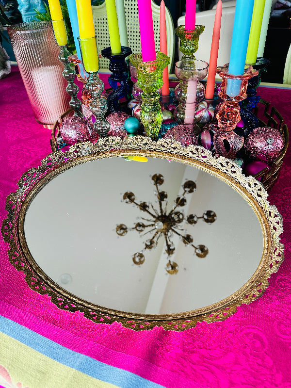 Vintage Mirrored Tray,  Oval Vanity Dresser Mirror