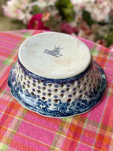 Vintage Blue and White Floral Lattice Bowl
