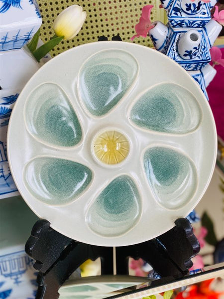 Vintage Green Oyster Plate Yellow Center Salins France