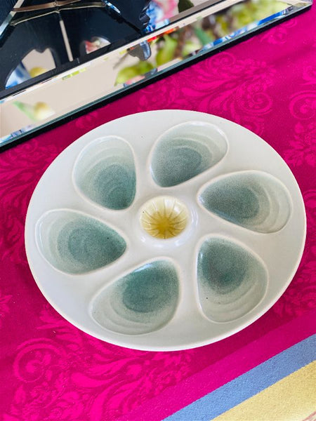 Vintage Green Oyster Plate Yellow Center Salins France