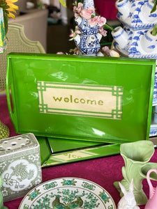 Vintage Green Welcome Tray, Wood and Glass with Needlepoint Insert
