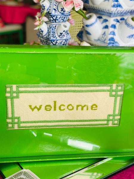 Vintage Green Welcome Tray, Wood and Glass with Needlepoint Insert