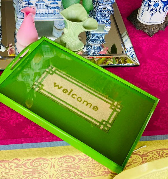 Vintage Green Welcome Tray, Wood and Glass with Needlepoint Insert