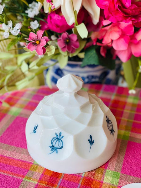 Vintage Blue and White Hand painted Milkglass Butter Dish