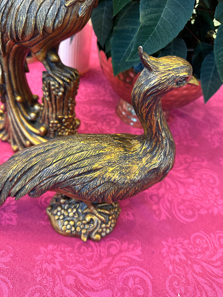 Vintage Peacock figurines, Gold Resin, Pair