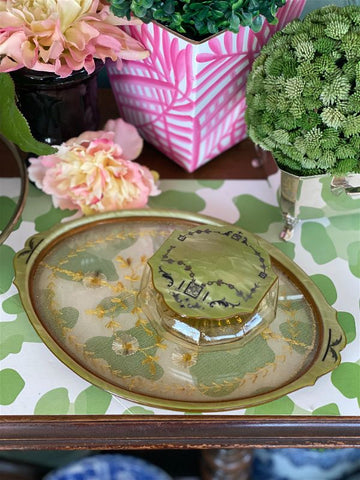 1930s antique celluloid Bakelite Green Vanity Set w/ flower stitched tray and powder jar