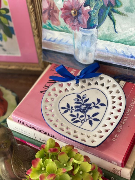 Vintage Reticulated Blue and White Heart Wall Plate