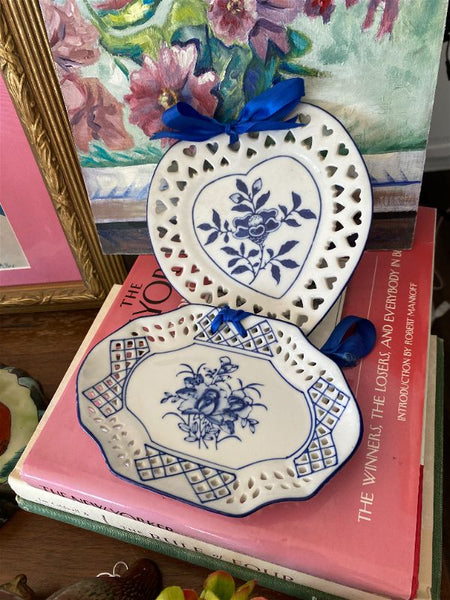 Vintage Reticulated Blue and White Heart Wall Plate